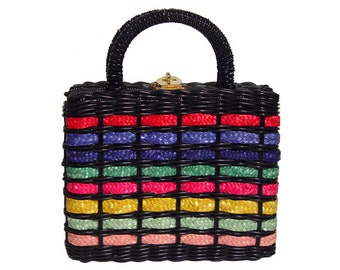 Vintage Wicker Handbag, Black With Rainbow Stripes, Vintage 1950s