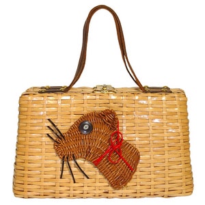 Vintage Wicker Handbag, Adorable Cat Face, Vintage Late 1950s to Early 1960s