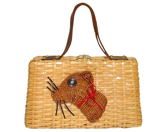 Vintage Wicker Handbag, Adorable Cat Face, Vintage Late 1950s to Early 1960s