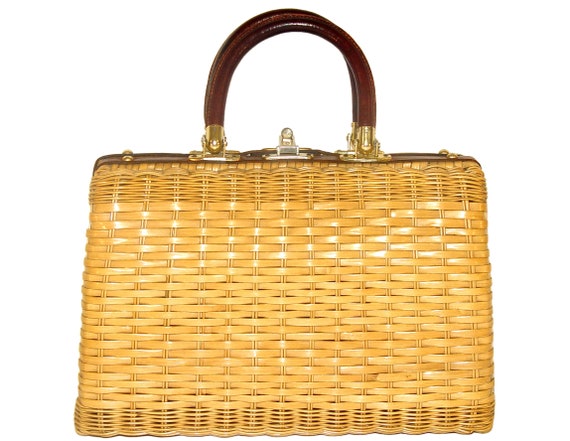 Vintage Wicker Handbag, Chic Leather Details, Mid… - image 2