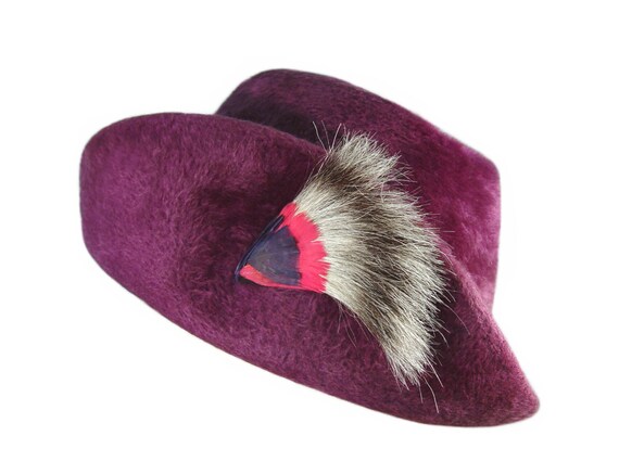 Vintage Adolfo Hat, Plum Purple Faux Fur, Fabulous
