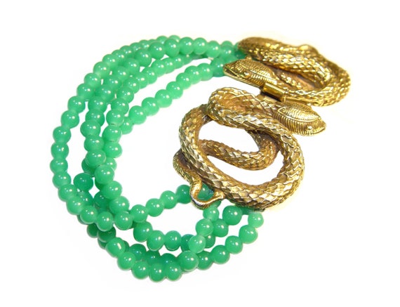 Vintage Snake Bracelet, Gilded, Chrysoprase Beads… - image 2