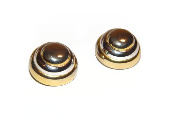 Lanvin Earrings, Modernist Gold and Silver Banded… - image 1