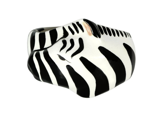 Vintage Ceramic Bracelet, Zebra Face, Hand Painte… - image 1