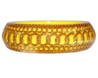 Lucite Bracelet, Bangle, Yellow With Encased Chains, Rare, 1950s