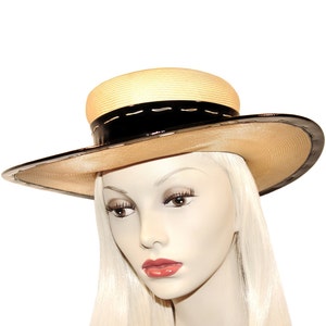 Yves Saint Laurent Hat, Fine Straw and Black Patent, Vintage 1970s image 1