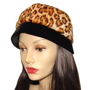 Vintage Leopard Hat, Faux Fur, Black Velvet, 1960s