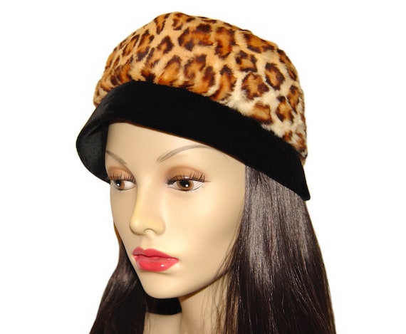 Vintage Leopard Hat, Faux Fur, Black Velvet, 1960s