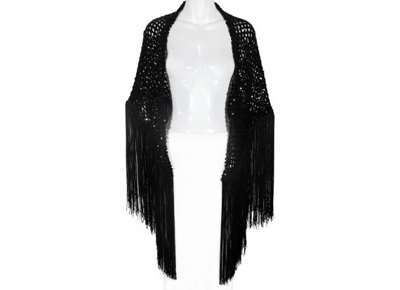 Vintage Sequin Shawl, Cape, Crochet With Black Se… - image 2