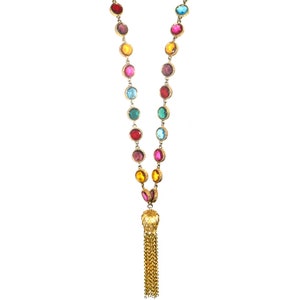 Vintage Necklace, Gorgeous Bezel Set Crystals, Golden Tassel, Vintage 1980s