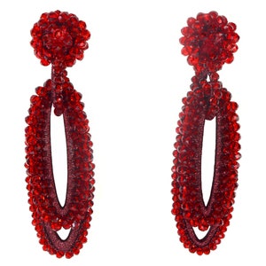 Vintage Beaded Earrings, Spectacular Runway Earrings, Red Crystal, Silk and Sterling Silver, Rare, Collectible, Vintage 1970&#39;s