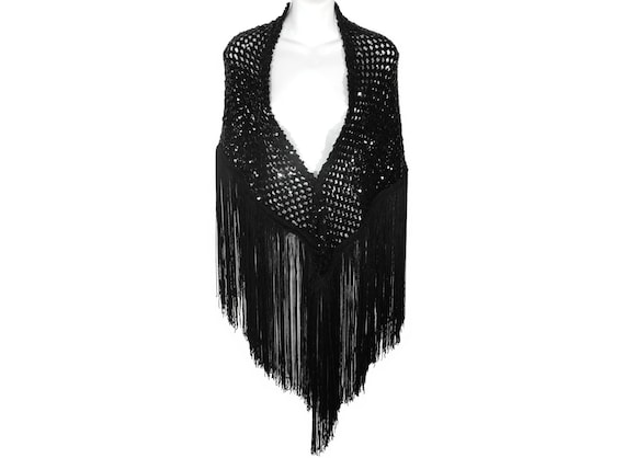 Vintage Sequin Shawl, Cape, Crochet With Black Se… - image 1