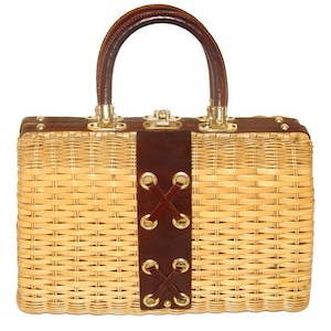 Vintage Wicker Handbag, Chic Leather Details, Mid Century Modern, Vintage 1950s