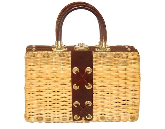 Vintage Wicker Handbag, Chic Leather Details, Mid… - image 1