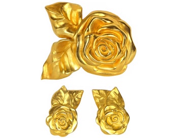 Vintage Givenchy Brooch and Earrings, Spectacular Gold Plated Roses, Collectible, Signed, Vintage Late 1970s To Early 1980s