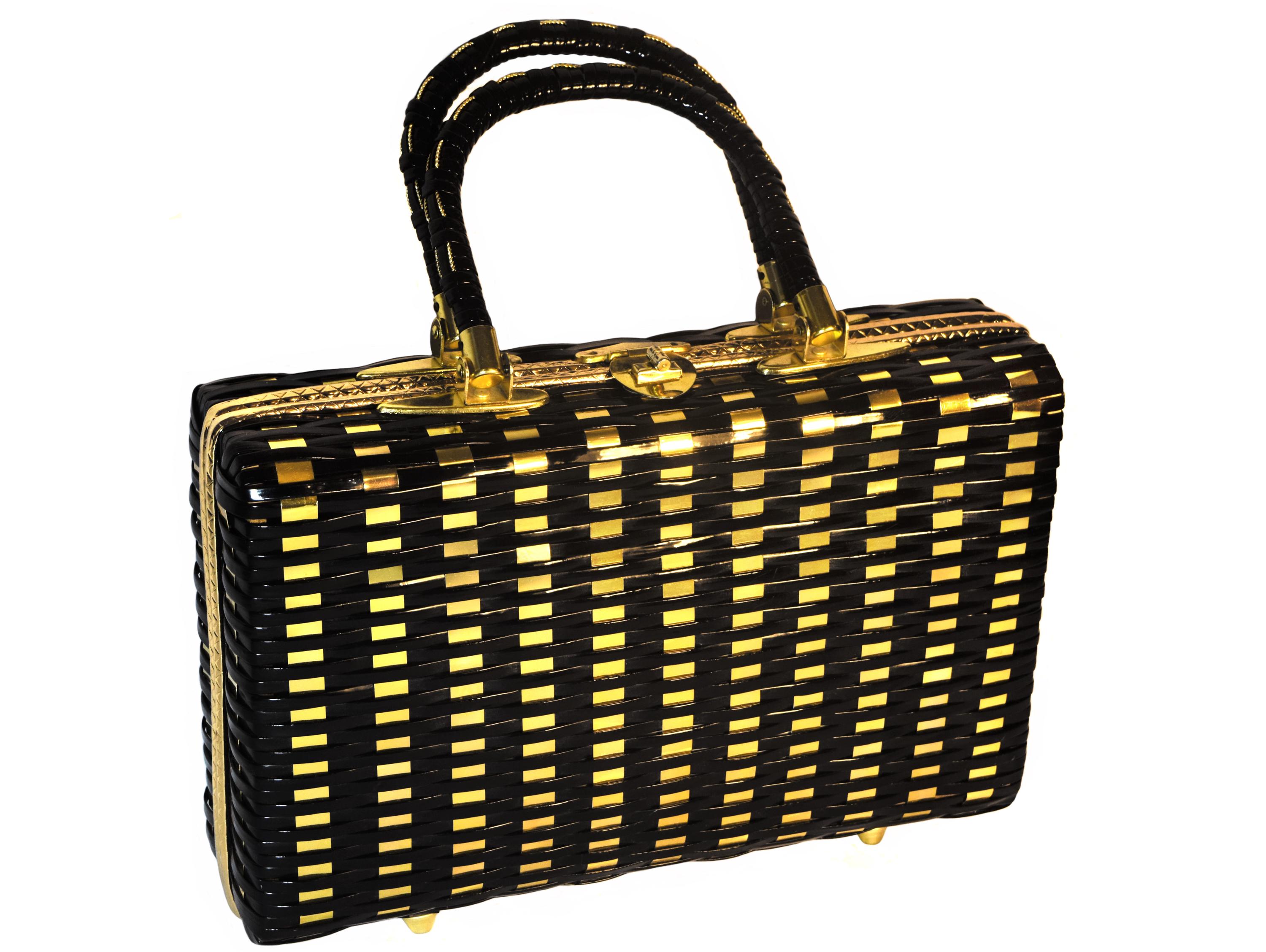 Vintage Handbag, Woven Black and Metallic Gold, Vintage Late 1950's to Early 1960's