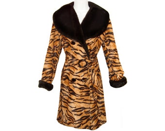 Faux Fur Coat, Tiger Print, Animal Print, Vintage 1970s Glam