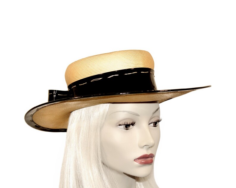 Yves Saint Laurent Hat, Fine Straw and Black Patent, Vintage 1970s image 2