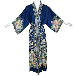 Vintage Japanese Silk Kimono, Deep Blue Floral, Vintage 1960s