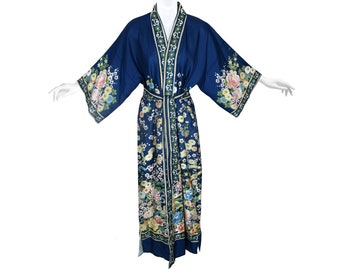 Vintage Japanese Silk Kimono, Deep Blue Floral, Vintage 1960s