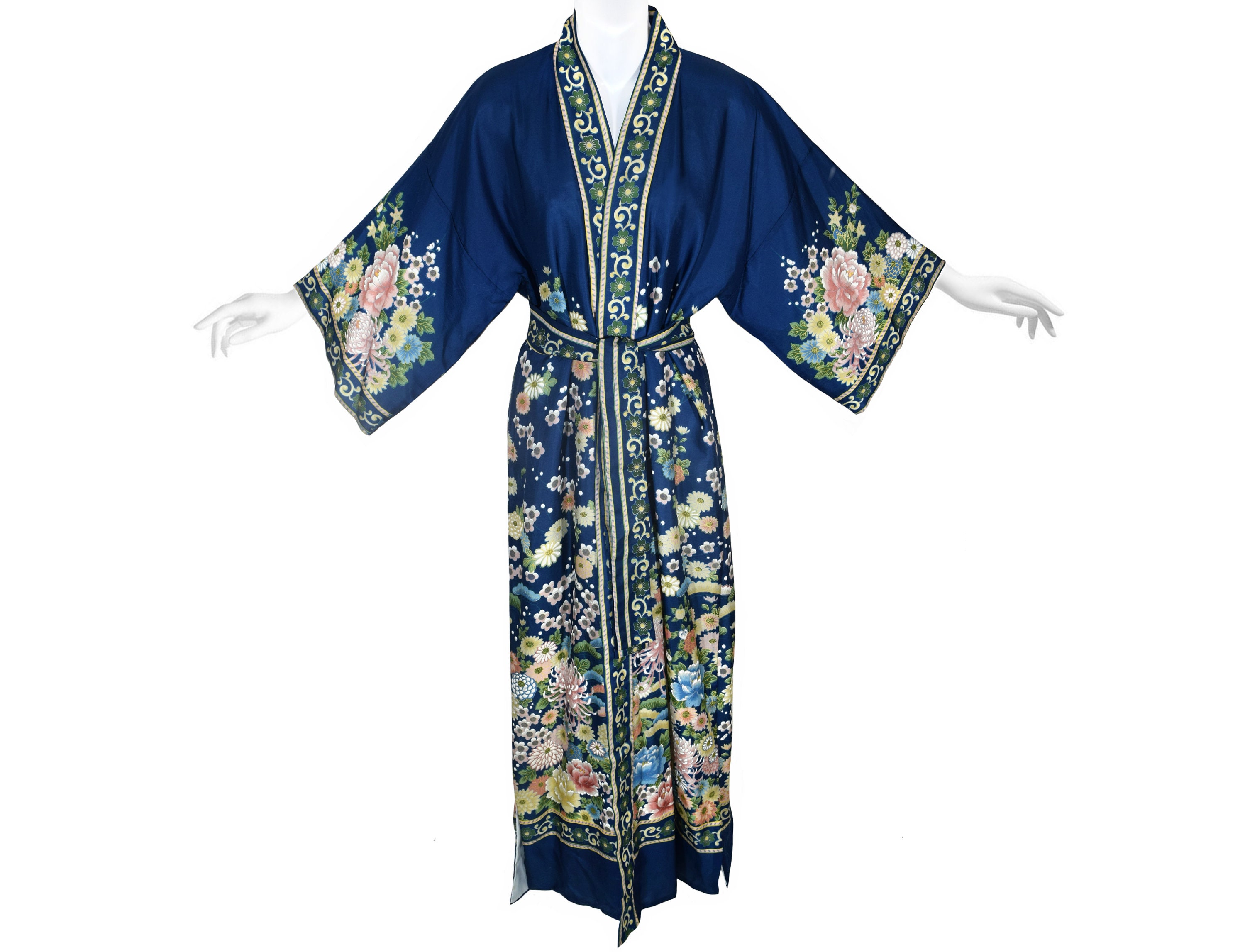 Vintage Japanese Silk Kimono, Deep Blue Floral, Vintage