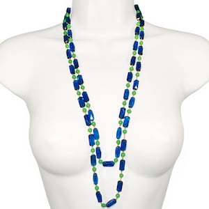 Vintage Beaded Necklace, Art Deco French Flapper Sautoir, Sapphire Blue and Jade Green Glass, Rare, Collectible, Vintage Early 1930s