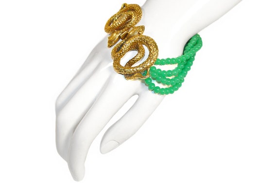 Vintage Snake Bracelet, Gilded, Chrysoprase Beads… - image 3