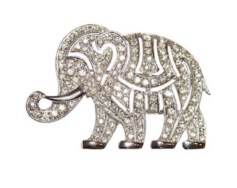 Hattie Carnegie Brooch, Elephant, Art Deco Rhinestone, Signed, Rare, Collectible