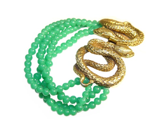 Vintage Snake Bracelet, Gilded, Chrysoprase Beads… - image 1
