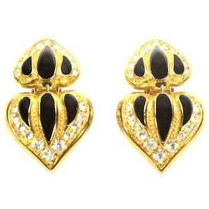 Vintage Christian Dior Earrings, Beautiful Rhinestones and Black Enamel, Vintage 1980s