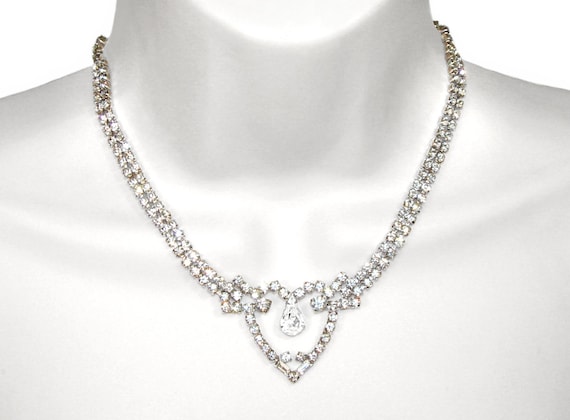 Vintage Rhinestone Necklace, Heart Shaped, Sweeth… - image 1