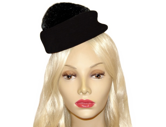 Lilly Dache Hat, Black, Pom Pom, Pillbox, Fascinat