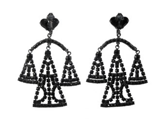 Vintage Statement Earrings, Chandelier Style, Black Jet Rhinestones, Vintage 1960s