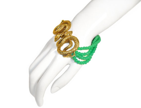 Vintage Snake Bracelet, Gilded, Chrysoprase Beads… - image 4