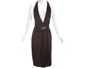 Vintage Gucci Dress. Luxurious Chocolate Brown Backless Halter Dress, Rare, Signature Gucci Bamboo Detail