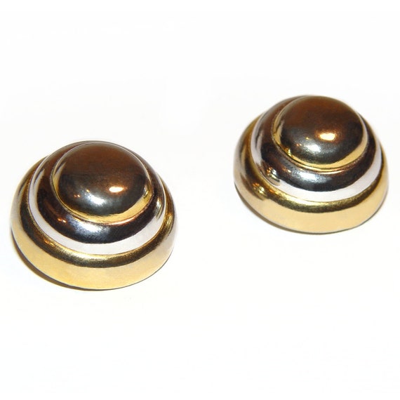 Lanvin Earrings, Modernist Gold and Silver Banded… - image 2