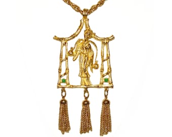 Hattie Carnegie Necklace, Japanese Geisha, Bohemian Golden Tassel, Rare, Signed