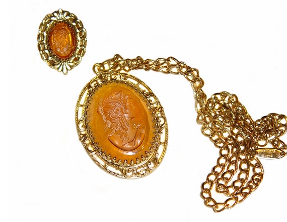 Whiting and Davis Cameo Necklace and Ring Set, Tr… - image 1