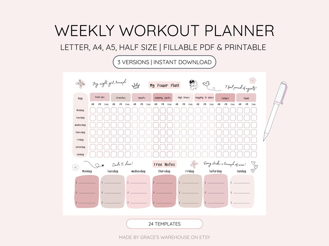 Weekly Workout Planner Printable PDF | Editable Fitness Planner, Gym ...