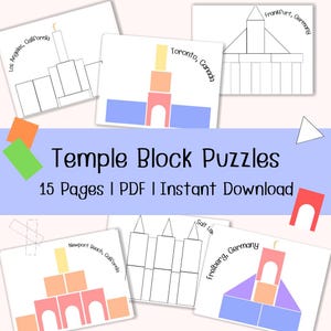 May include: A collection of printable Temple Block Puzzles featuring colorful and outlined illustrations of temples from various cities. The title "Temple Block Puzzles" is displayed prominently, along with the text "15 Pages | PDF | Instant Download."