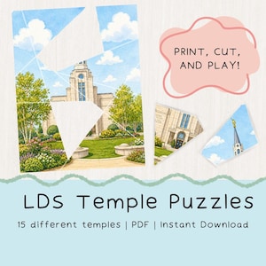 Puede incluir: Un rompecabezas de acuarela que representa un templo bajo un cielo azul con nubes, dividido en varias piezas. La imagen incluye el texto "PRINT, CUT, AND PLAY!" y "LDS Temple Puzzles". La imagen también indica "15 different temples | PDF | Instant Download".