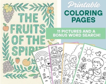 Op de afbeelding: Printbare kleurplaten met de tekst "The Fruits of the Spirit" en illustraties van fruit en wijnranken. De afbeelding bevat 11 afbeeldingen en een bonus woordzoeker. De kleurplaten hebben lijntekeningen van kinderen en objecten.
