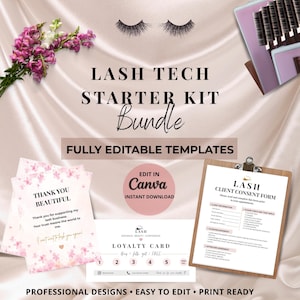 Op de afbeelding: Een lash tech starter kit bundel met volledig bewerkbare sjablonen. De afbeelding bevat een toestemmingsformulier voor klanten, loyaliteitskaarten en bedankkaarten. De tekst zegt "Bewerken in Canva" en "Direct downloaden". Het ontwerp is professioneel, gemakkelijk te bewerken en printklaar.