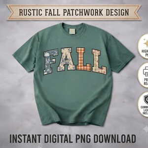 Vintage Fall PNG Design, Autumn Patchwork Sublimation, Pumpkin and Plaid Shirt Graphic, Commercial Use
