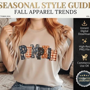 Pumpkin PNG Fall Sublimation, Patchwork Autumn Shirt Graphic, Commercial Use, Instant Download, DTF Ready