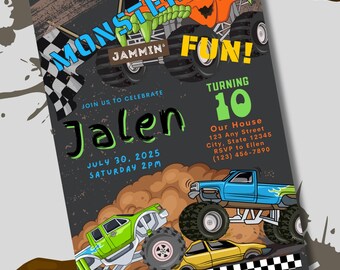 Invitation monster truck birthday, editable downloadable printable template
