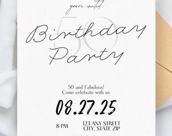 Birthday party invitation template black white simple editable downloadable printable