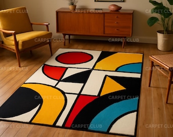 Geometric Wool Rug | Mid Century Modern Color Block Design