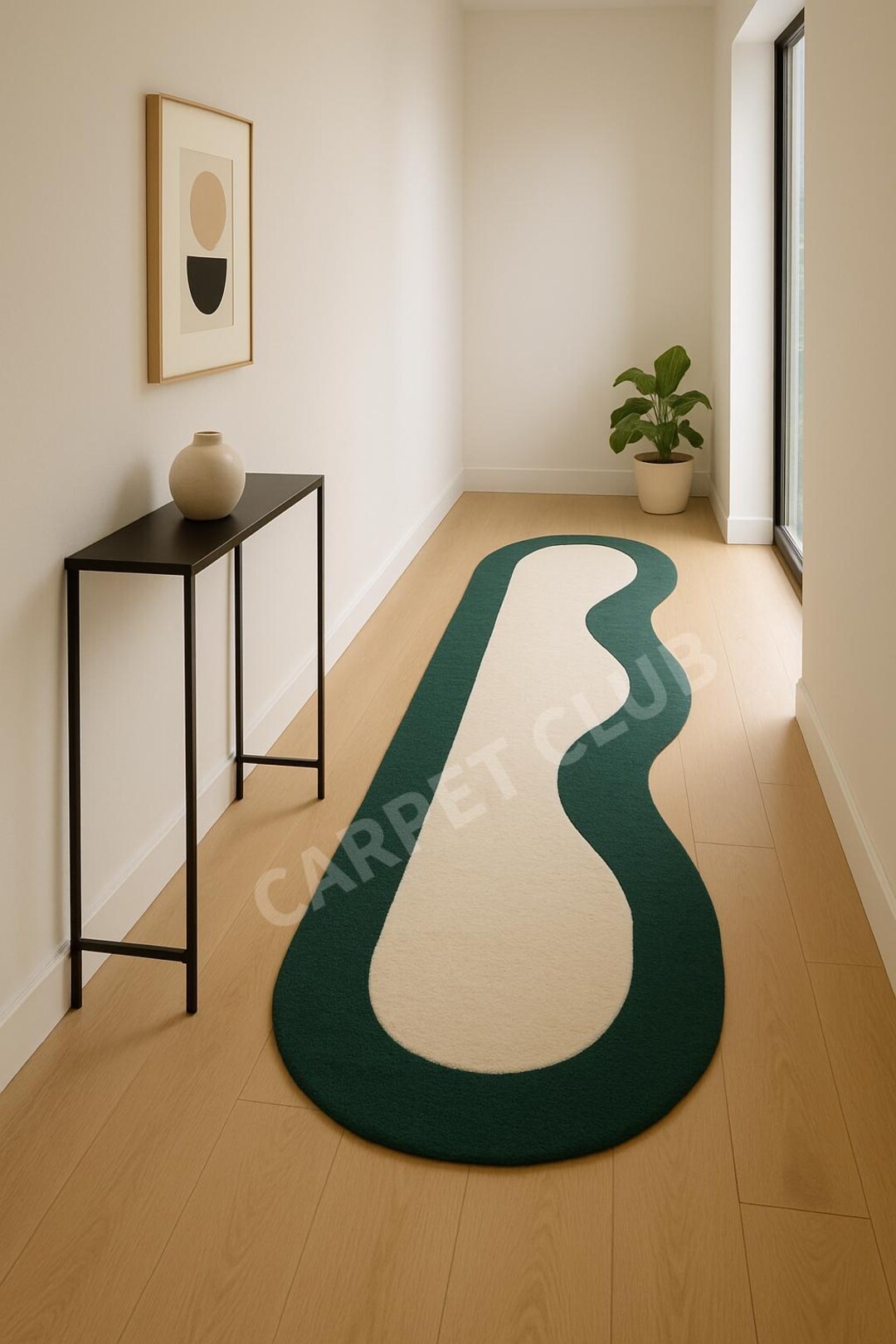 Unique Shape Runner Rug Organic Shape Runner Rug – Modern Wavy Hallway Carpet in Deep Green ...