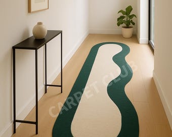 Organic Shape Runner Rug – Modern Wavy Hallway Carpet in Deep Green & Cream